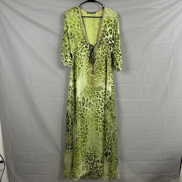 Kasia de Gelaque Dresses & Skirts - Kasia De Gelaque Dress One Size Kaftan Silk Maxi Leopard Green Rhinestone Boho